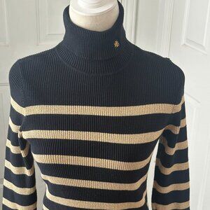 Lauren Ralph Lauren Womens Turtleneck Swtr Black/Gold Metallic Striped Petite S